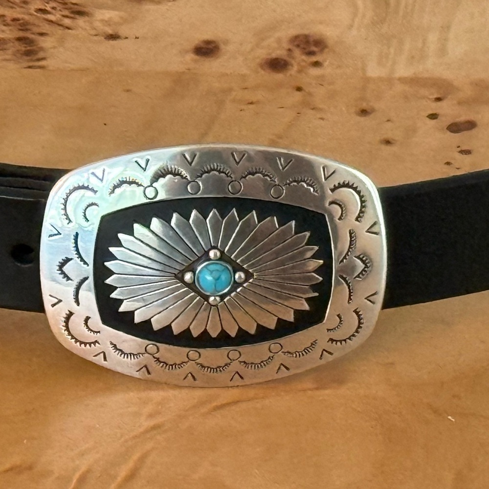Tony Lama Black Leather Belt with Silver-Tone Concho and Turquoise Accent - Picture 2 of 5